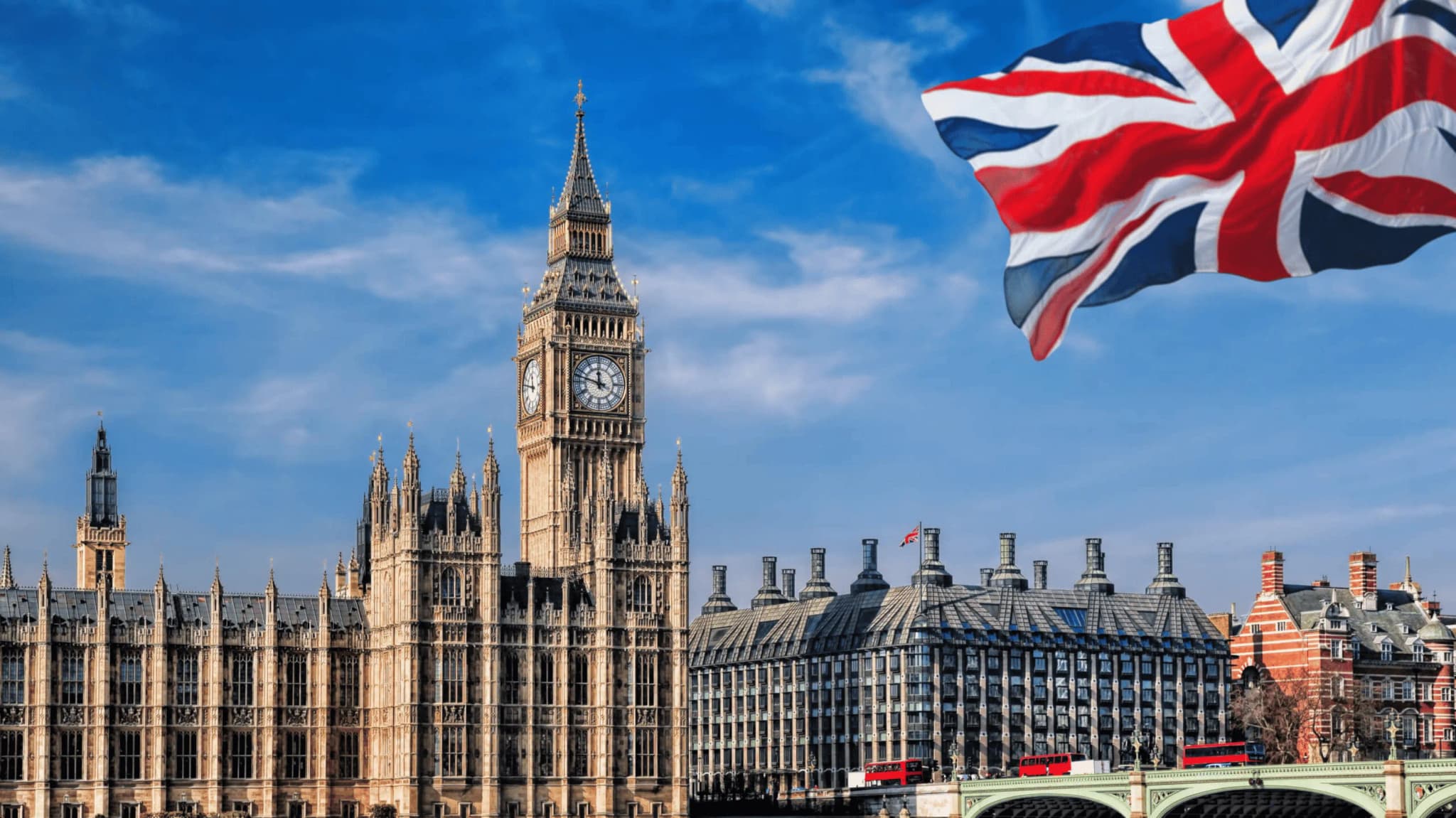 UK Parliament and London cityscape with flag