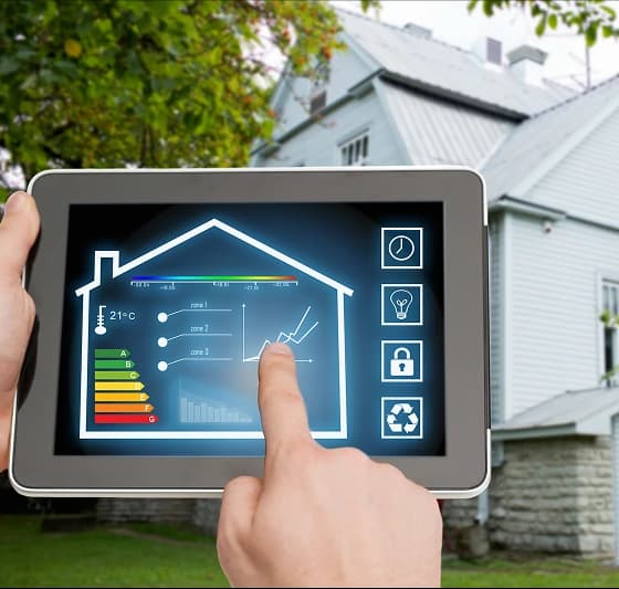 Smart home energy efficiency tablet showing energy ratings